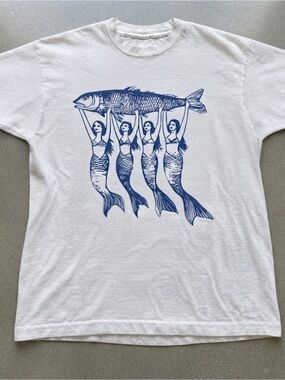 White T-Shirt with Navy Mermaid Fish Graphic Gildan Shirt